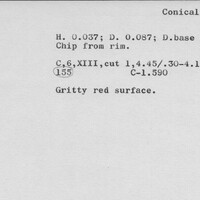 Index card with typed and handwritten information, sometimes including a sketch, of pottery from an excavation.