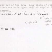 Index card with typed and handwritten information, sometimes including a sketch, of pottery from an excavation.