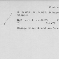 Index card with typed and handwritten information, sometimes including a sketch, of pottery from an excavation.