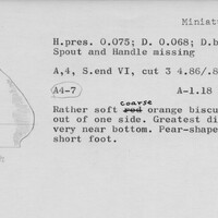 Index card with typed and handwritten information, sometimes including a sketch, of pottery from an excavation.