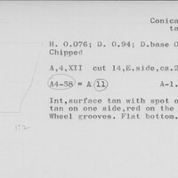 Index card with typed and handwritten information, sometimes including a sketch, of pottery from an excavation.