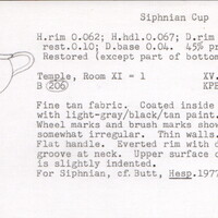 Index card with typed and handwritten information, sometimes including a sketch, of pottery from an excavation.