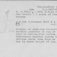 Index card with typed and handwritten information, sometimes including a sketch, of pottery from an excavation.