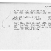 Index card with typed and handwritten information, sometimes including a sketch, of pottery from an excavation.