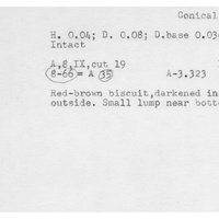 Index card with typed and handwritten information, sometimes including a sketch, of pottery from an excavation.