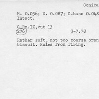 Index card with typed and handwritten information, sometimes including a sketch, of pottery from an excavation.