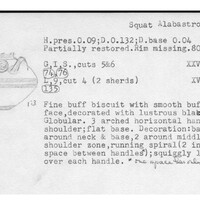 Index card with typed and handwritten information, sometimes including a sketch, of pottery from an excavation.