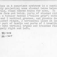 Index card with typed and handwritten information, sometimes including a sketch, of pottery from an excavation.