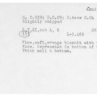Index card with typed and handwritten information, sometimes including a sketch, of pottery from an excavation.