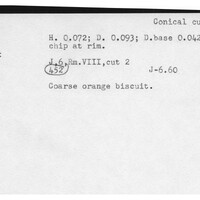 Index card with typed and handwritten information, sometimes including a sketch, of pottery from an excavation.