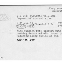 Index card with typed and handwritten information, sometimes including a sketch, of pottery from an excavation.