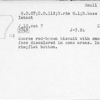 Index card with typed and handwritten information, sometimes including a sketch, of pottery from an excavation.