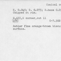 Index card with typed and handwritten information, sometimes including a sketch, of pottery from an excavation.