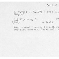 Index card with typed and handwritten information, sometimes including a sketch, of pottery from an excavation.