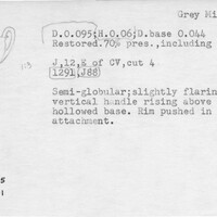 Index card with typed and handwritten information, sometimes including a sketch, of pottery from an excavation.