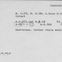 Index card with typed and handwritten information, sometimes including a sketch, of pottery from an excavation.
