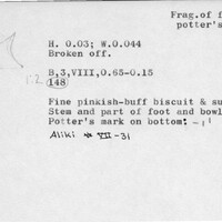 Index card with typed and handwritten information, sometimes including a sketch, of pottery from an excavation.