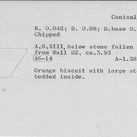 Index card with typed and handwritten information, sometimes including a sketch, of pottery from an excavation.