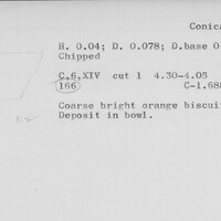 Index card with typed and handwritten information, sometimes including a sketch, of pottery from an excavation.