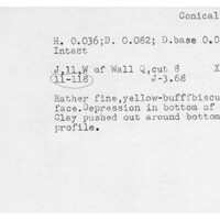 Index card with typed and handwritten information, sometimes including a sketch, of pottery from an excavation.