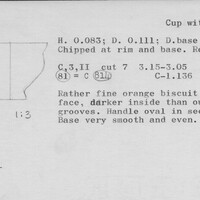 Index card with typed and handwritten information, sometimes including a sketch, of pottery from an excavation.