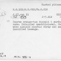 Index card with typed and handwritten information, sometimes including a sketch, of pottery from an excavation.