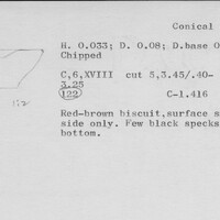 Index card with typed and handwritten information, sometimes including a sketch, of pottery from an excavation.