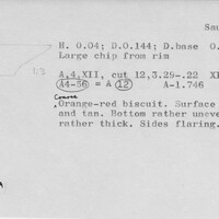 Index card with typed and handwritten information, sometimes including a sketch, of pottery from an excavation.