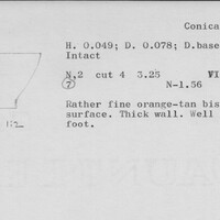Index card with typed and handwritten information, sometimes including a sketch, of pottery from an excavation.