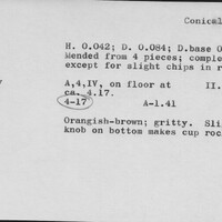 Index card with typed and handwritten information, sometimes including a sketch, of pottery from an excavation.