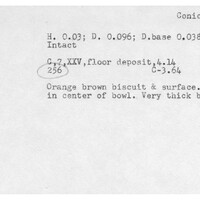 Index card with typed and handwritten information, sometimes including a sketch, of pottery from an excavation.
