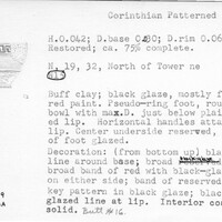 Index card with typed and handwritten information, sometimes including a sketch, of pottery from an excavation.