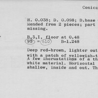 Index card with typed and handwritten information, sometimes including a sketch, of pottery from an excavation.