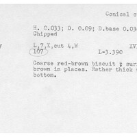 Index card with typed and handwritten information, sometimes including a sketch, of pottery from an excavation.