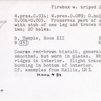 Index card with typed and handwritten information, sometimes including a sketch, of pottery from an excavation.