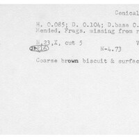 Index card with typed and handwritten information, sometimes including a sketch, of pottery from an excavation.