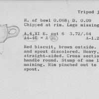 Index card with typed and handwritten information, sometimes including a sketch, of pottery from an excavation.