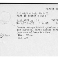 Index card with typed and handwritten information, sometimes including a sketch, of pottery from an excavation.