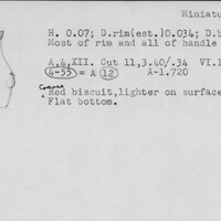 Index card with typed and handwritten information, sometimes including a sketch, of pottery from an excavation.