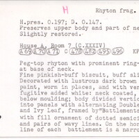 Index card with typed and handwritten information, sometimes including a sketch, of pottery from an excavation.