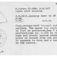 Index card with typed and handwritten information, sometimes including a sketch, of pottery from an excavation.