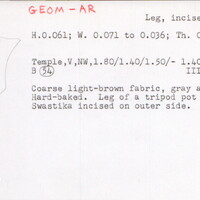 Index card with typed and handwritten information, sometimes including a sketch, of pottery from an excavation.