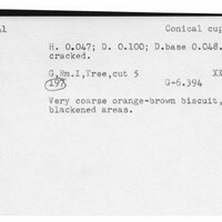 Index card with typed and handwritten information, sometimes including a sketch, of pottery from an excavation.