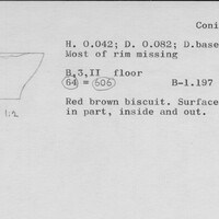 Index card with typed and handwritten information, sometimes including a sketch, of pottery from an excavation.