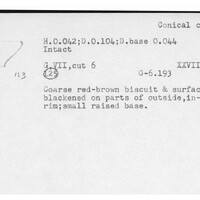 Index card with typed and handwritten information, sometimes including a sketch, of pottery from an excavation.