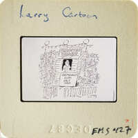 Cartoon depicting "disaster village" where there are earthquakes every half hour. Signed by a certain Larry.