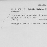 Index card with typed and handwritten information, sometimes including a sketch, of pottery from an excavation.