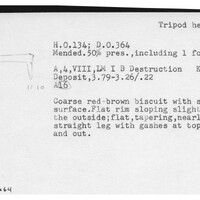Index card with typed and handwritten information, sometimes including a sketch, of pottery from an excavation.
