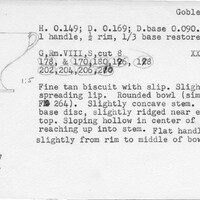 Index card with typed and handwritten information, sometimes including a sketch, of pottery from an excavation.