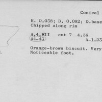 Index card with typed and handwritten information, sometimes including a sketch, of pottery from an excavation.